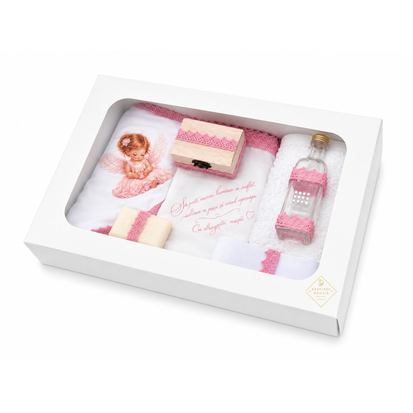 Set trusou botez din bumbac 100% Gardinea Domain® 9 piese, fetita cu lumina in cutie cadou cu lumanare, decor dantela Roz