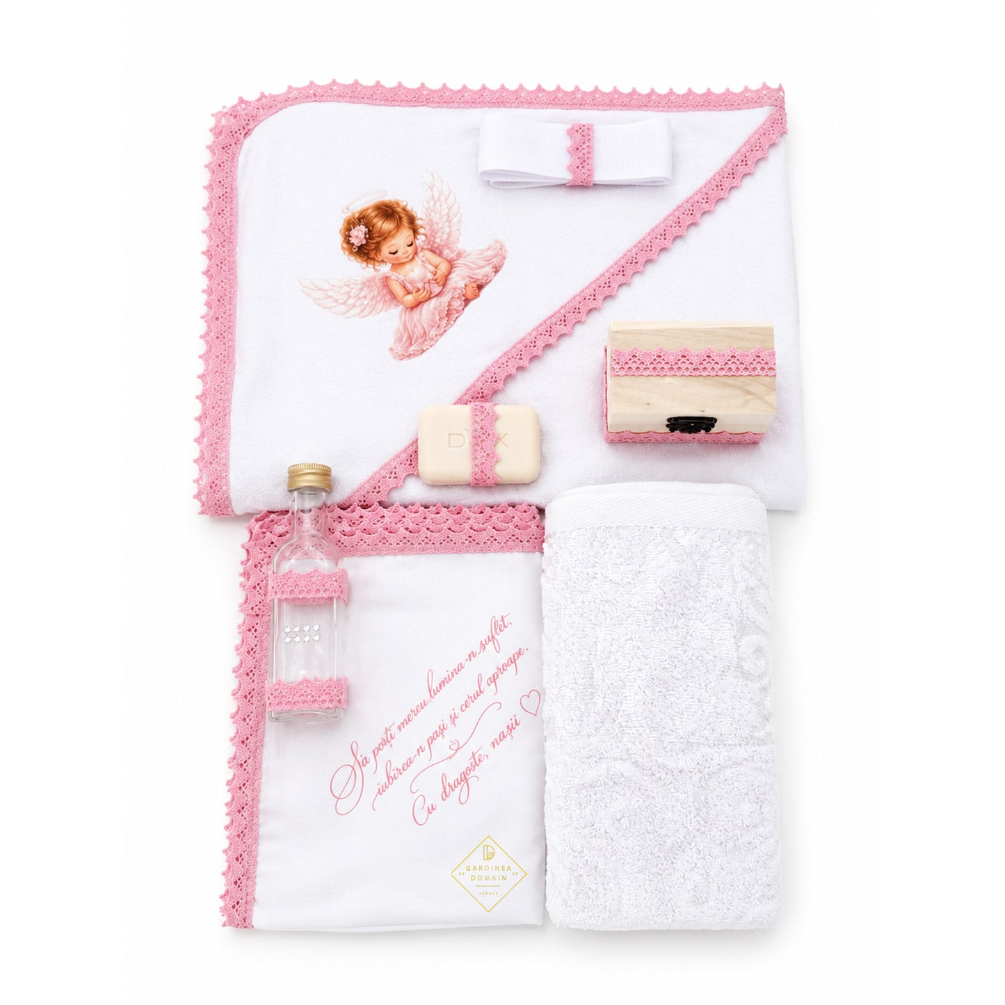 Set trusou botez din bumbac 100% Gardinea Domain® 9 piese, fetita cu lumina in cutie cadou cu lumanare, decor dantela Roz