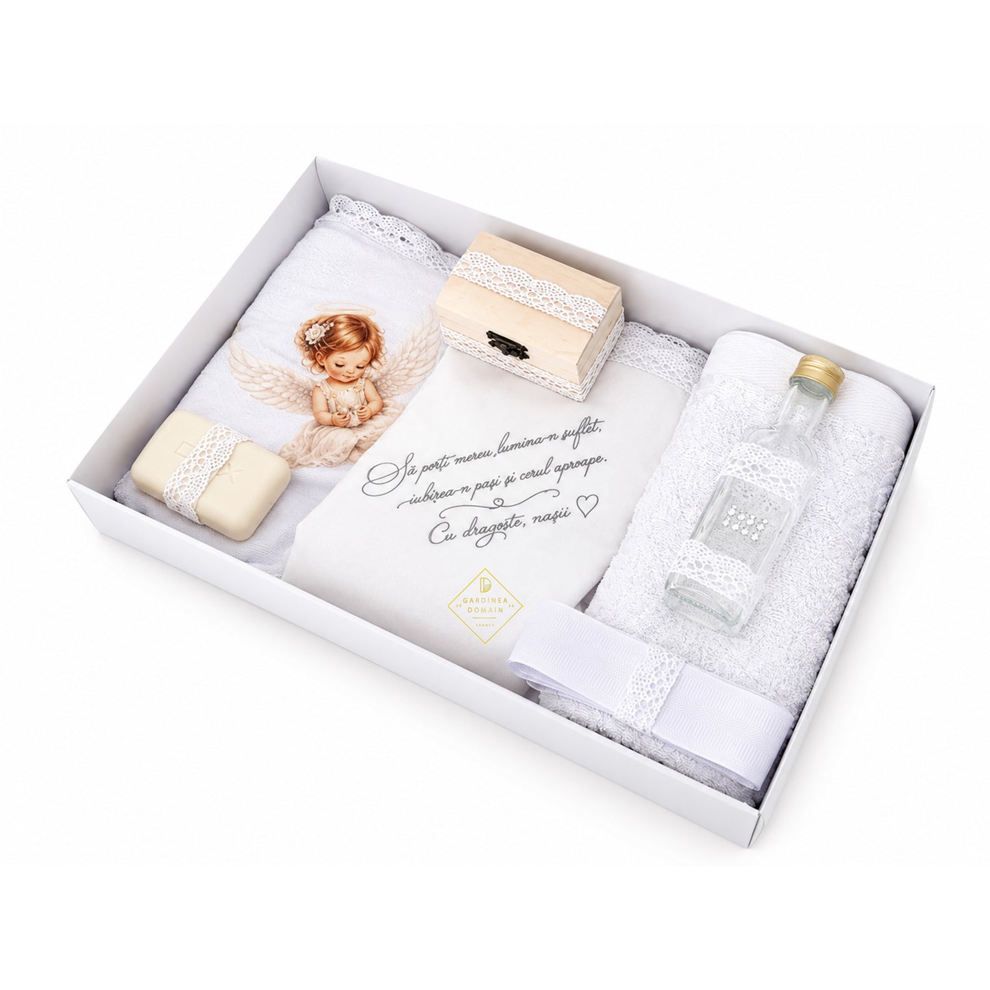Set trusou botez din bumbac 100% Gardinea Domain® 9 piese, fetita cu lumina in cutie cadou cu lumanare, decor dantela Alb