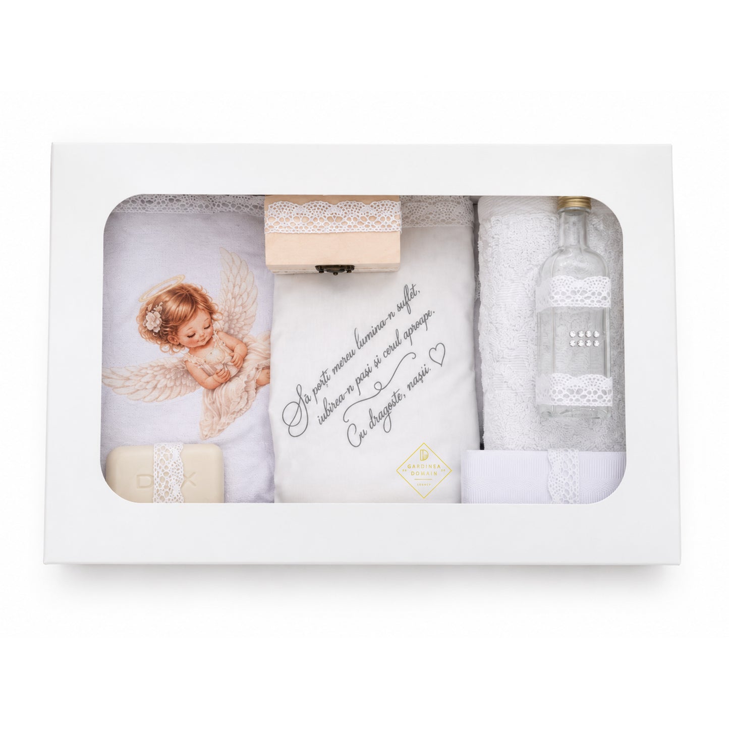 Set trusou botez din bumbac 100% Gardinea Domain® 9 piese, fetita cu lumina in cutie cadou cu lumanare, decor dantela Alb