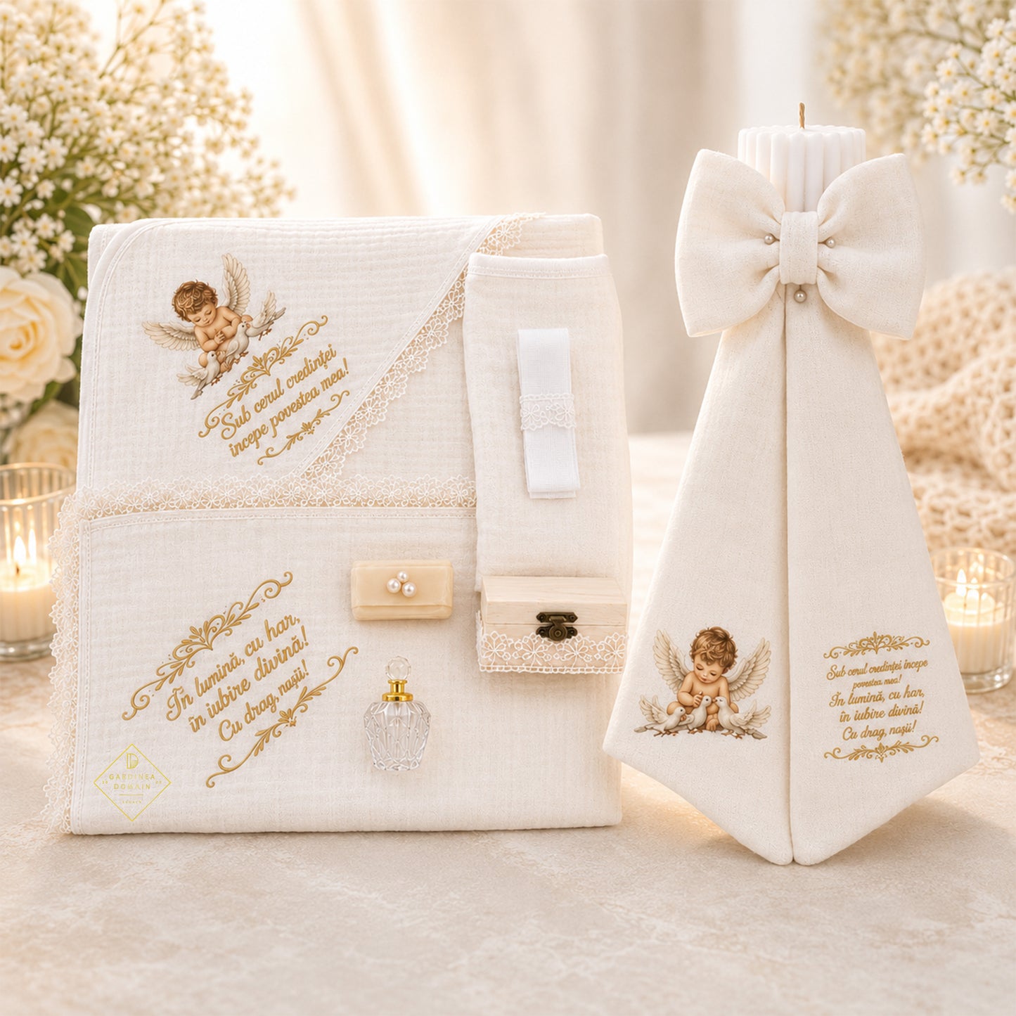 Set trusou complet botez din muselina Gardinea Domain® 9 piese, baietelul cu porumbei in cutie cadou cu lumanare, decor dantela Alb