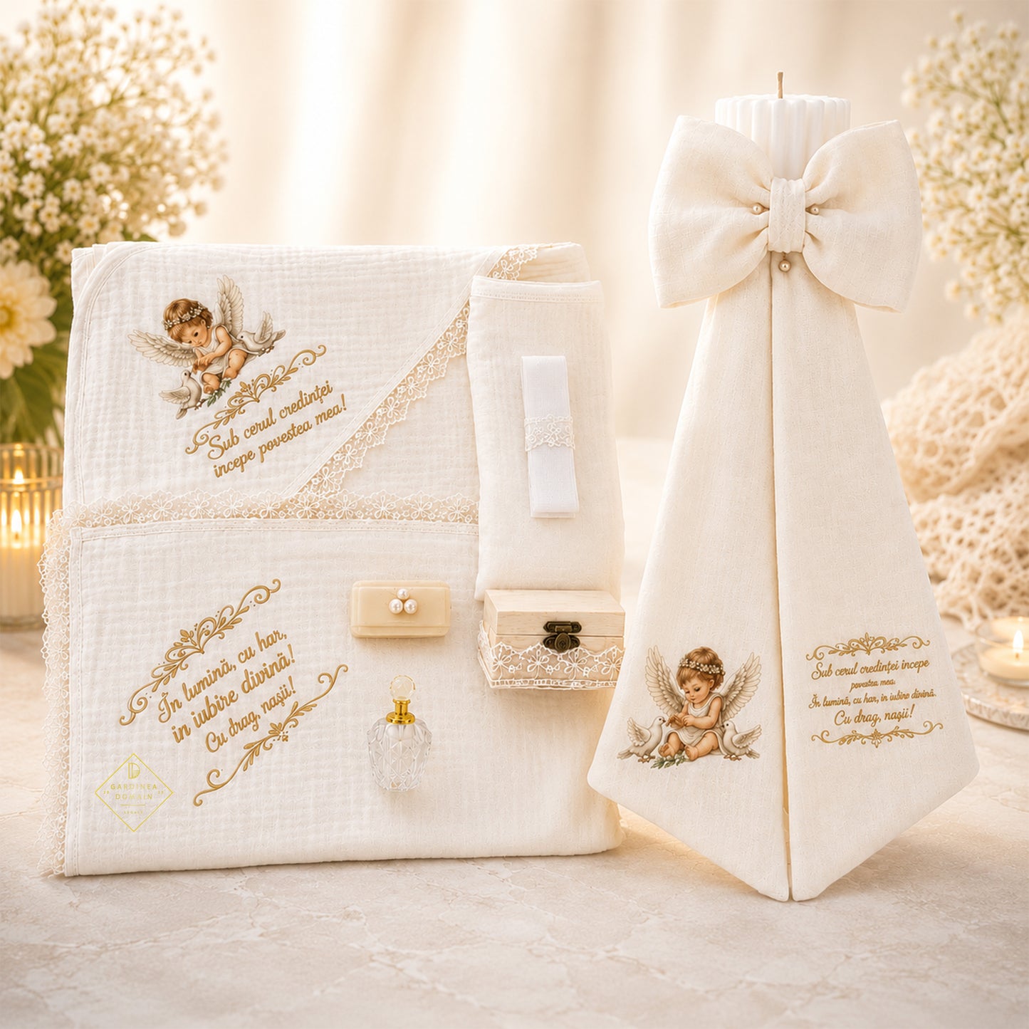 Set trusou complet botez din muselina Gardinea Domain® 9 piese, fetita cu porumbei in cutie cadou cu lumanare, decor dantela Alb
