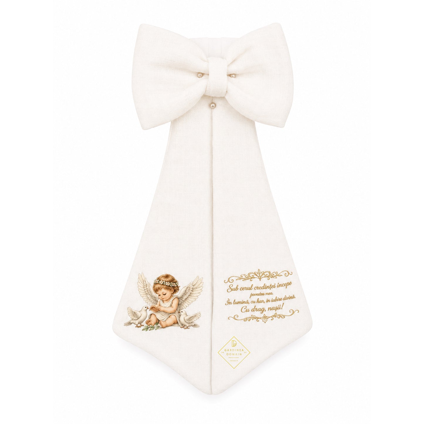 Set trusou complet botez din muselina Gardinea Domain® 9 piese, fetita cu porumbei in cutie cadou cu lumanare, decor dantela Alb
