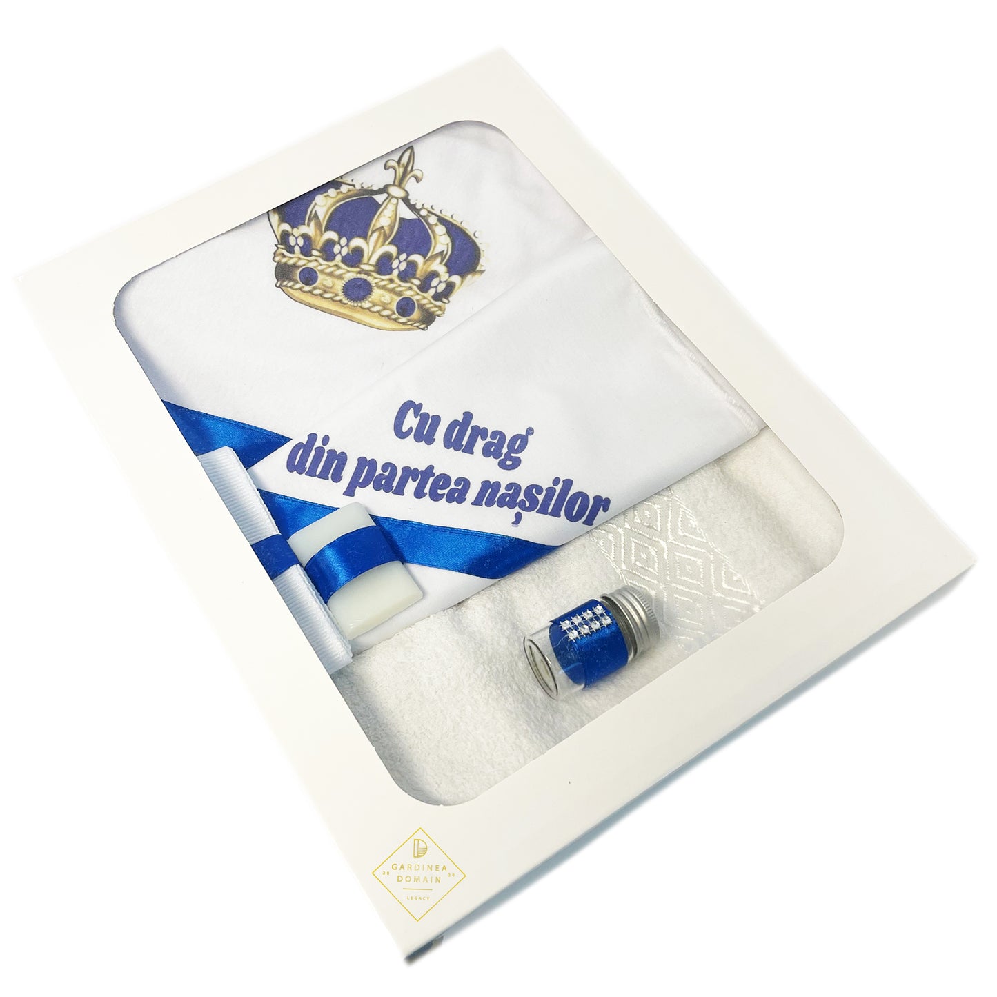 Trusou coronita regala botez Gardinea Domain® 6 piese, in cutie cadou, bumbac 100%, personalizat cu mesajul "Cu drag de la nasi!", albastru